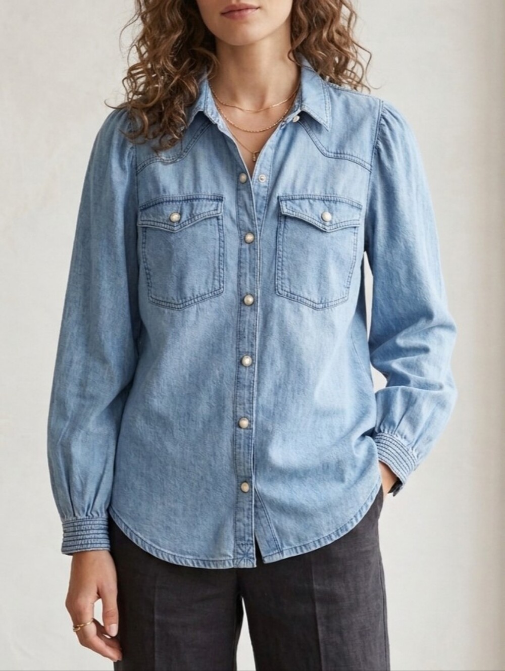 Sam Edelman 100% Cotton Farah Women's Puff Sleeve Denim Button-Down Shirt, Sz L